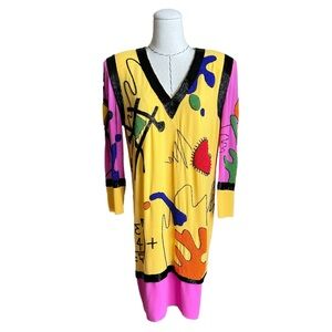 Vintage 80s 90s FABRICE Silhouette Beaded Art Graphic Patterned Dress